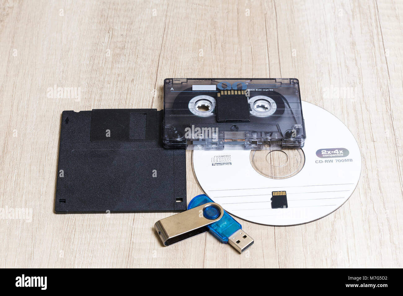 Various analog and digital recording media, cassette, floppy disk, dvd, usb, sd card Stock Photo