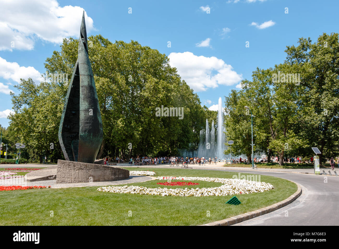 The Budapest unification sculpture and fountain at the southern end of Margaret Island Stock Photo