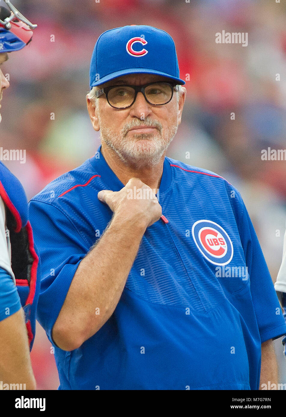Chicago Cubs manager Joe Maddon (70) on the mound during one of his pitching changes in the tenth inning against the Washington Nationals at Nationals Park in Washington, D.C. on Wednesday, June 15, 2016.  The Nationals won the game 5 - 4 in 12 innings. Credit: Ron Sachs / CNP/MediaPunch ***FOR EDITORIAL USE ONLY*** Stock Photo