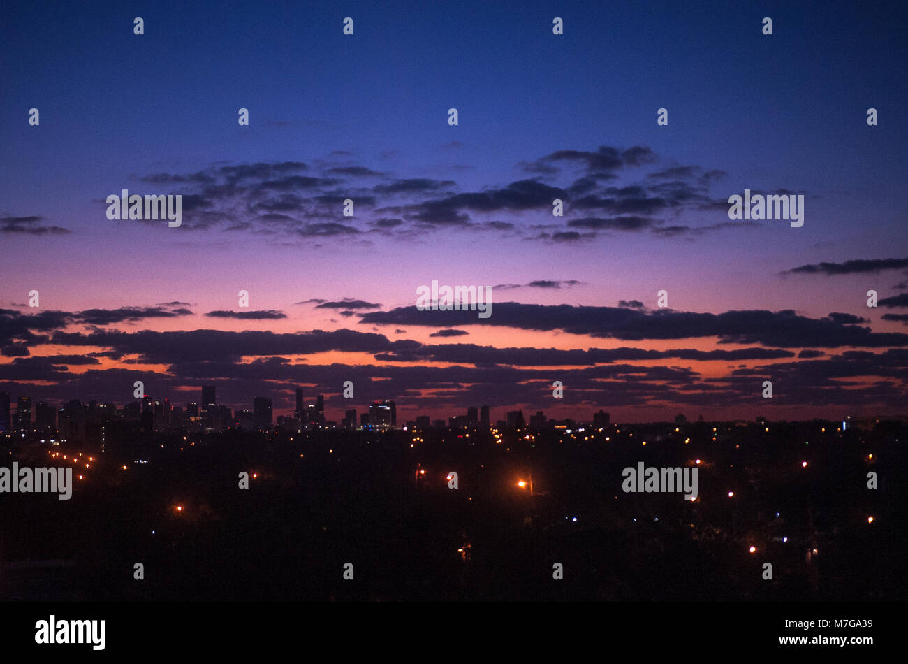 Clouds at sunrise over the city skyline in Miami, Florida, USA Stock Photo