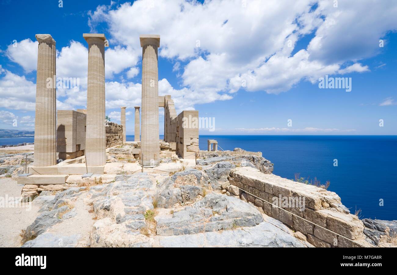 Doric Temple of Athena Lindia on Acropolis of Lindos, Rhodes Island, Greece Stock Photo
