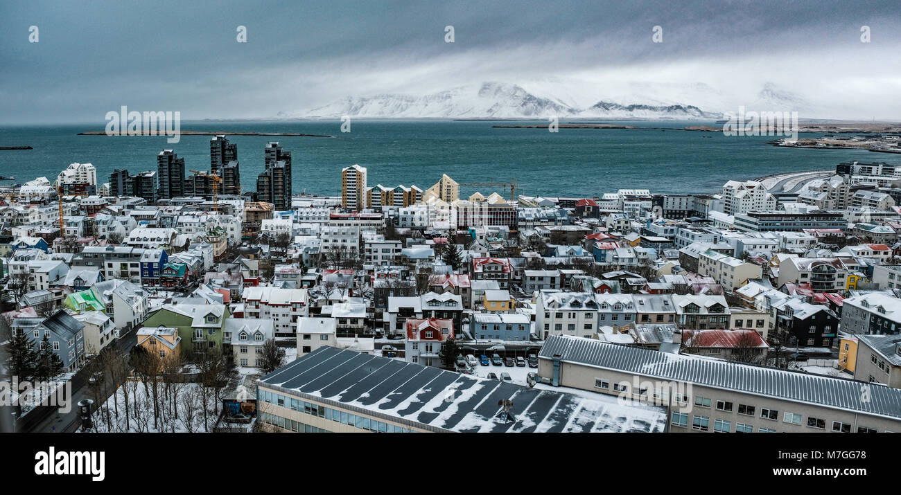 Aerial view of Reykjavik, Iceland, the world’s northernmost capital city, shot from the top of Hallgrímskirkja cathedral Stock Photo