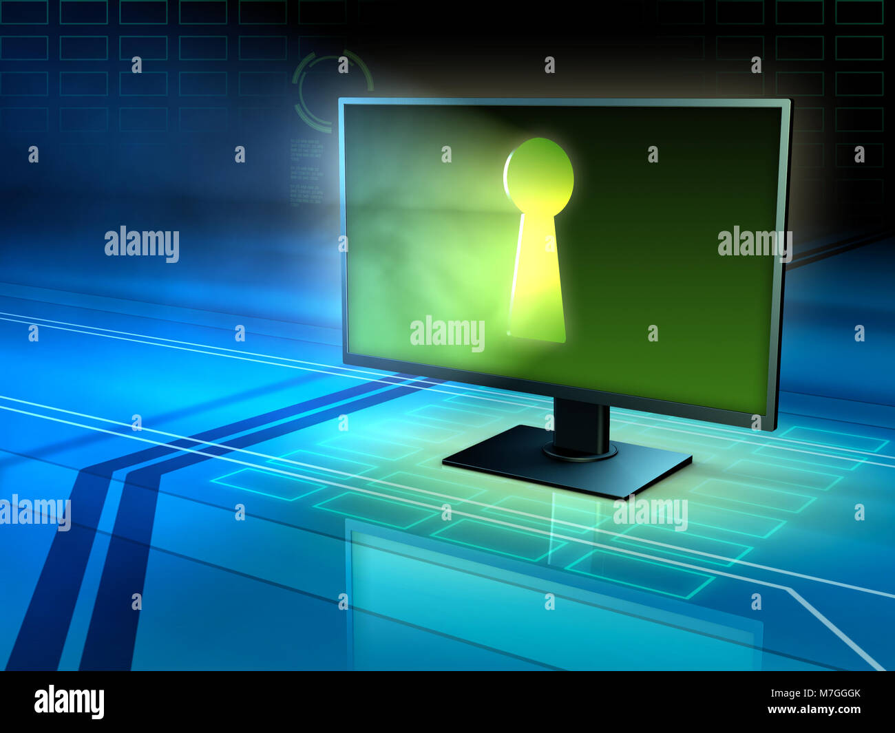 Computer monitor with a keyhole. 3D illustration. Stock Photo