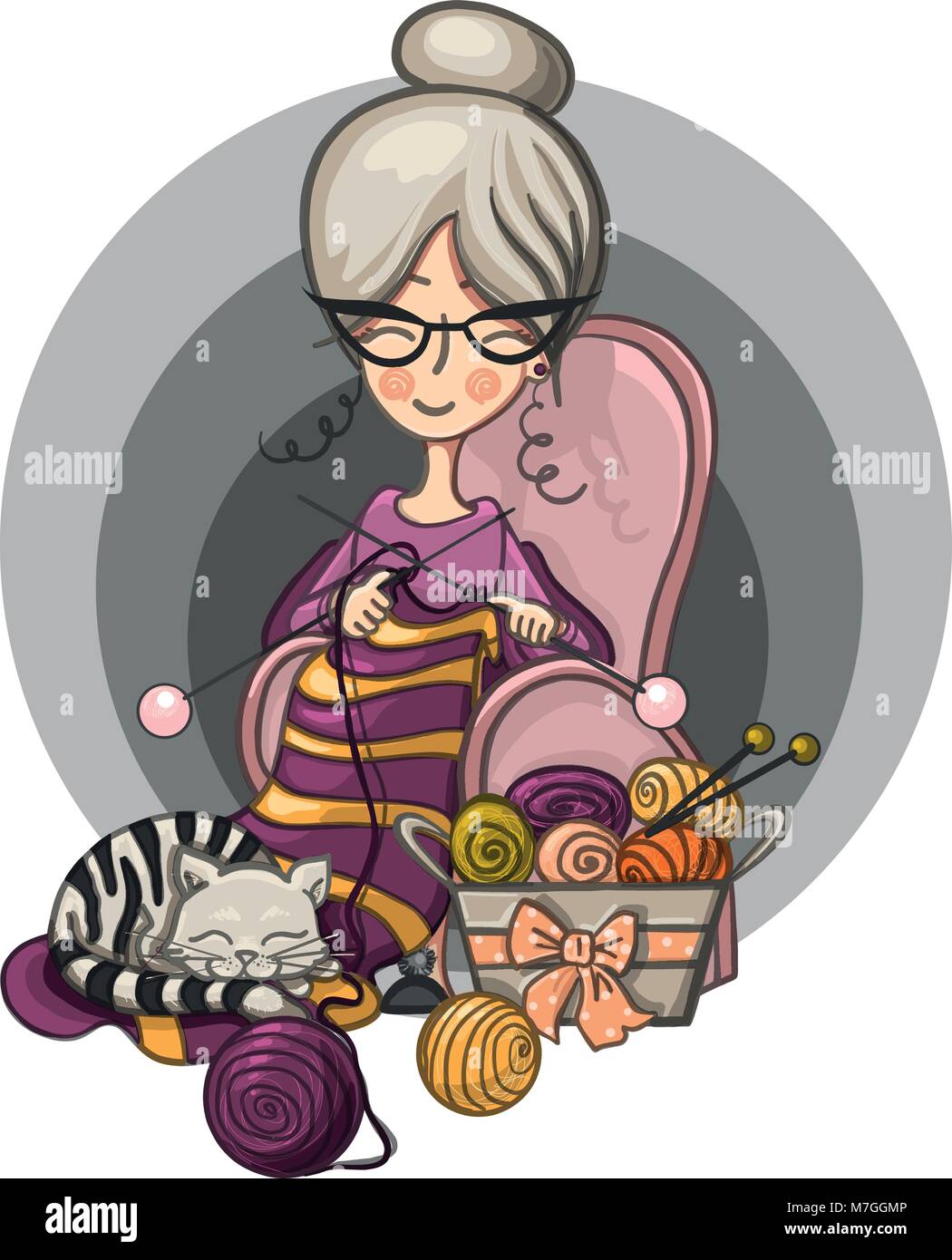 woman Granny sits in a Chair and knits knitting needles striped, cat sleeps on her knitting around the scattered balls, cartoon cute smiling character Stock Vector
