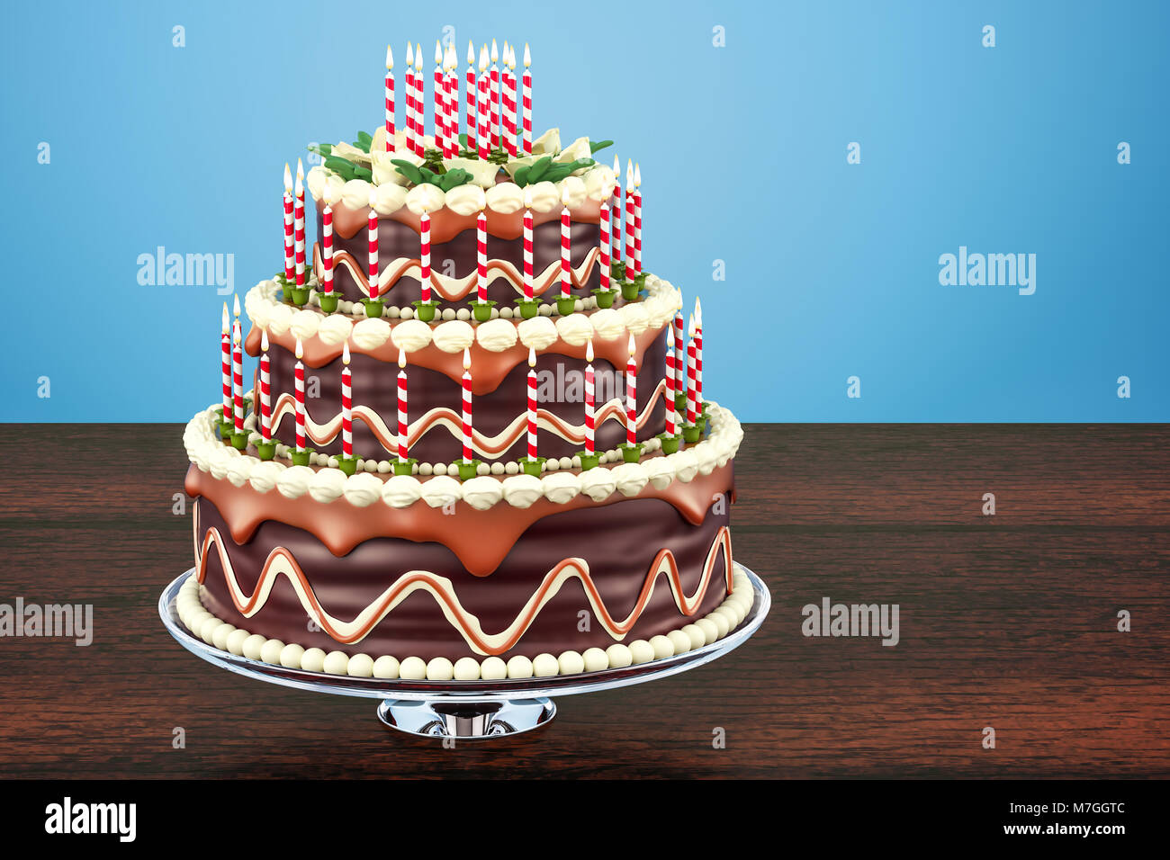 Chocolate Birthday Cake with candles on stand on the wooden table. 3D ...