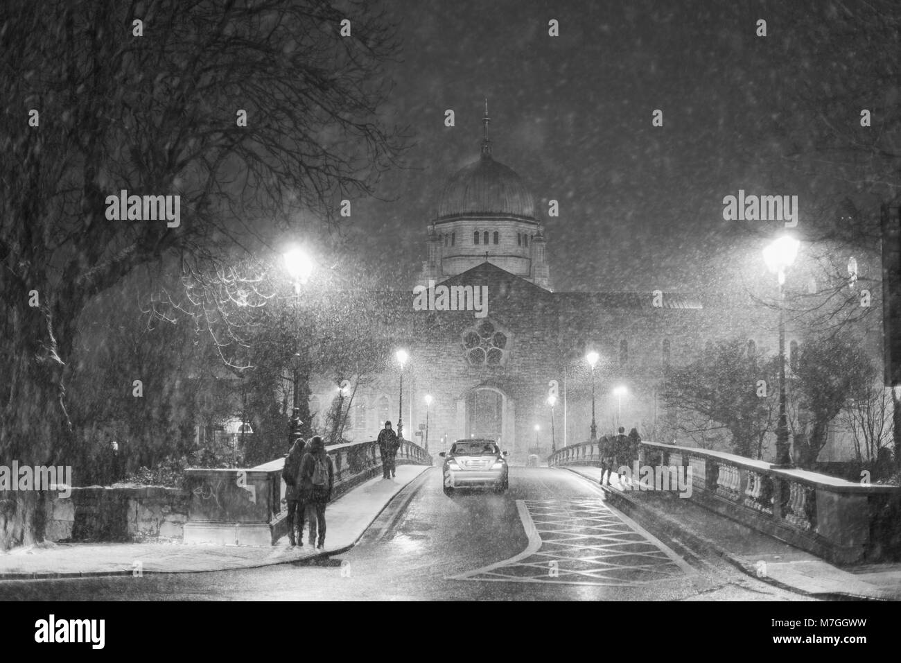 Galway Catedral during heavy snowfall at night. Ireland. Storm Emma. Stock Photo