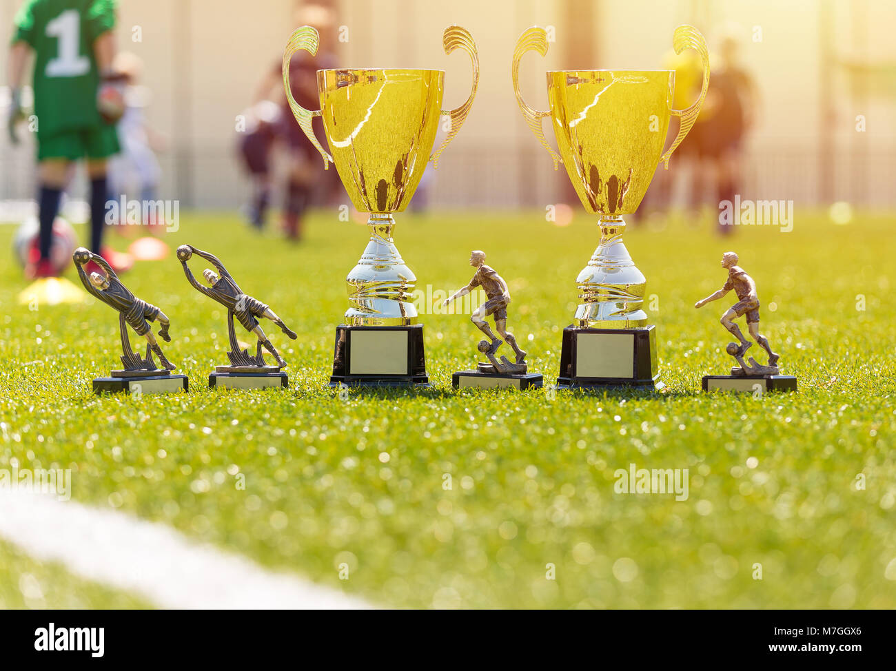 Football Tournament Trophies. Shining Golden Awards for the Best Team, Goalkeeper and Striker Forward. Football Match in the Background Stock Photo - Alamy