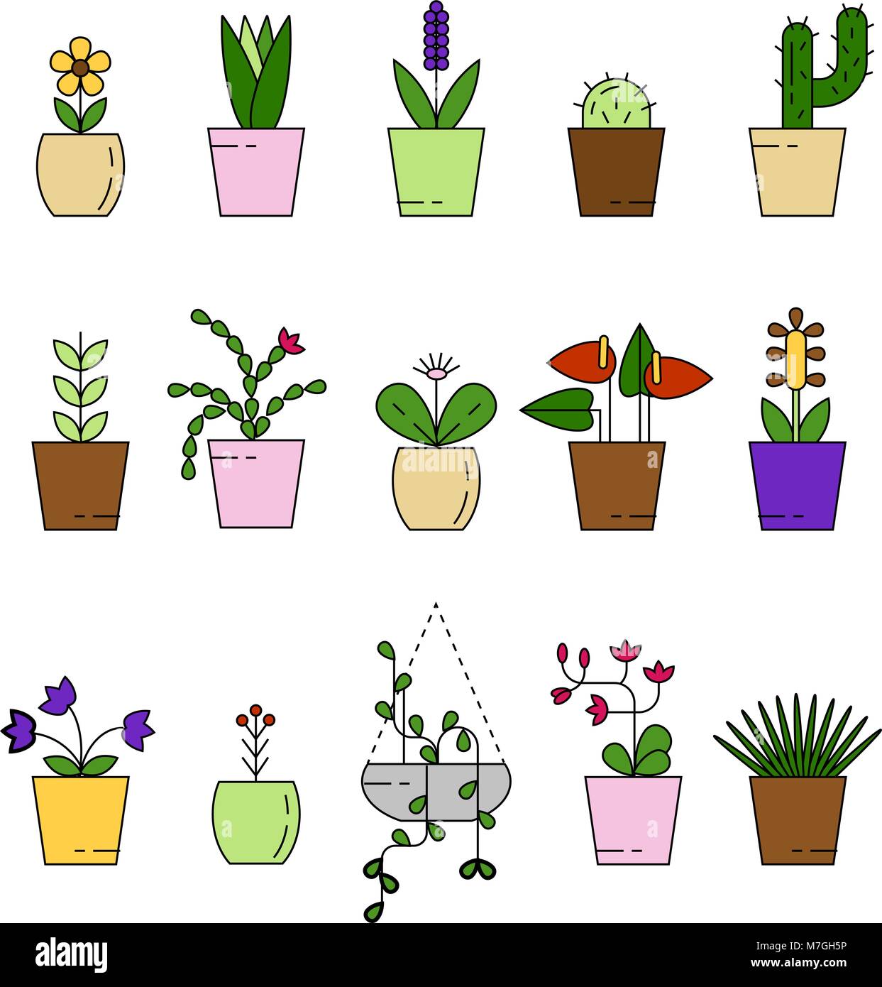 Indoor potted plants isolated on white. Vector set green plant in pot ...