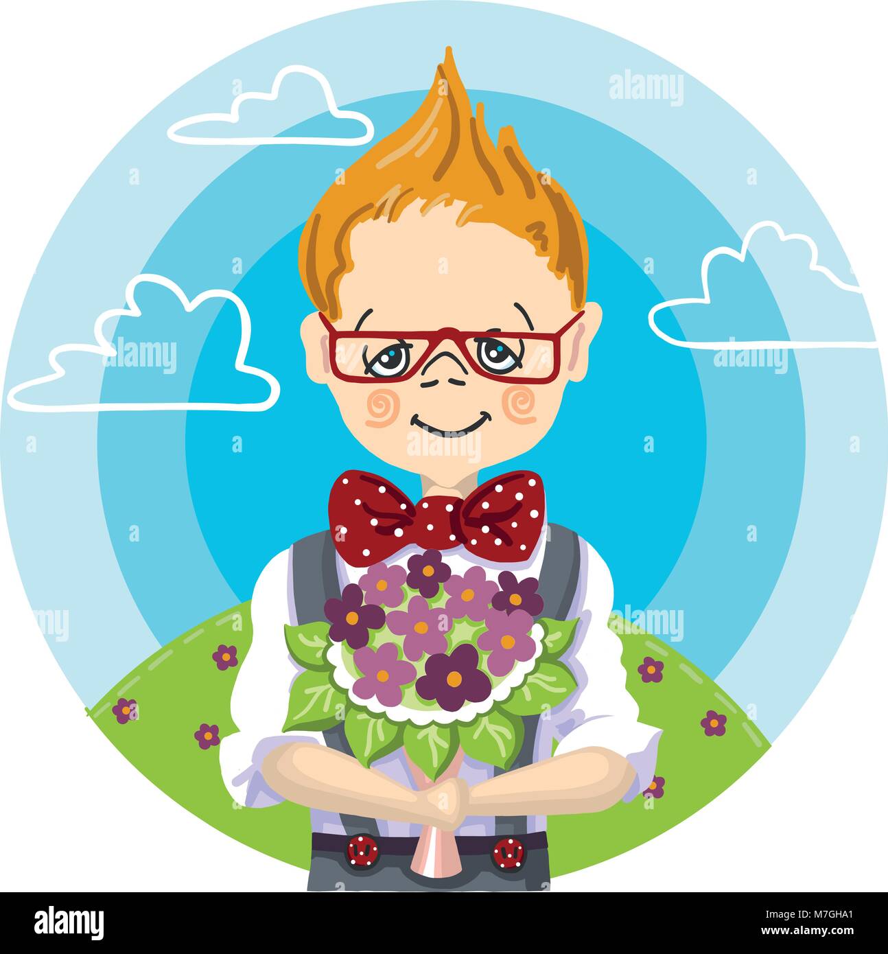 1st september, color hand paint draw of smile school boy glasses who wants to give a bouquet flowers to his teacher at school, to mam, to girl, education Stock Vector