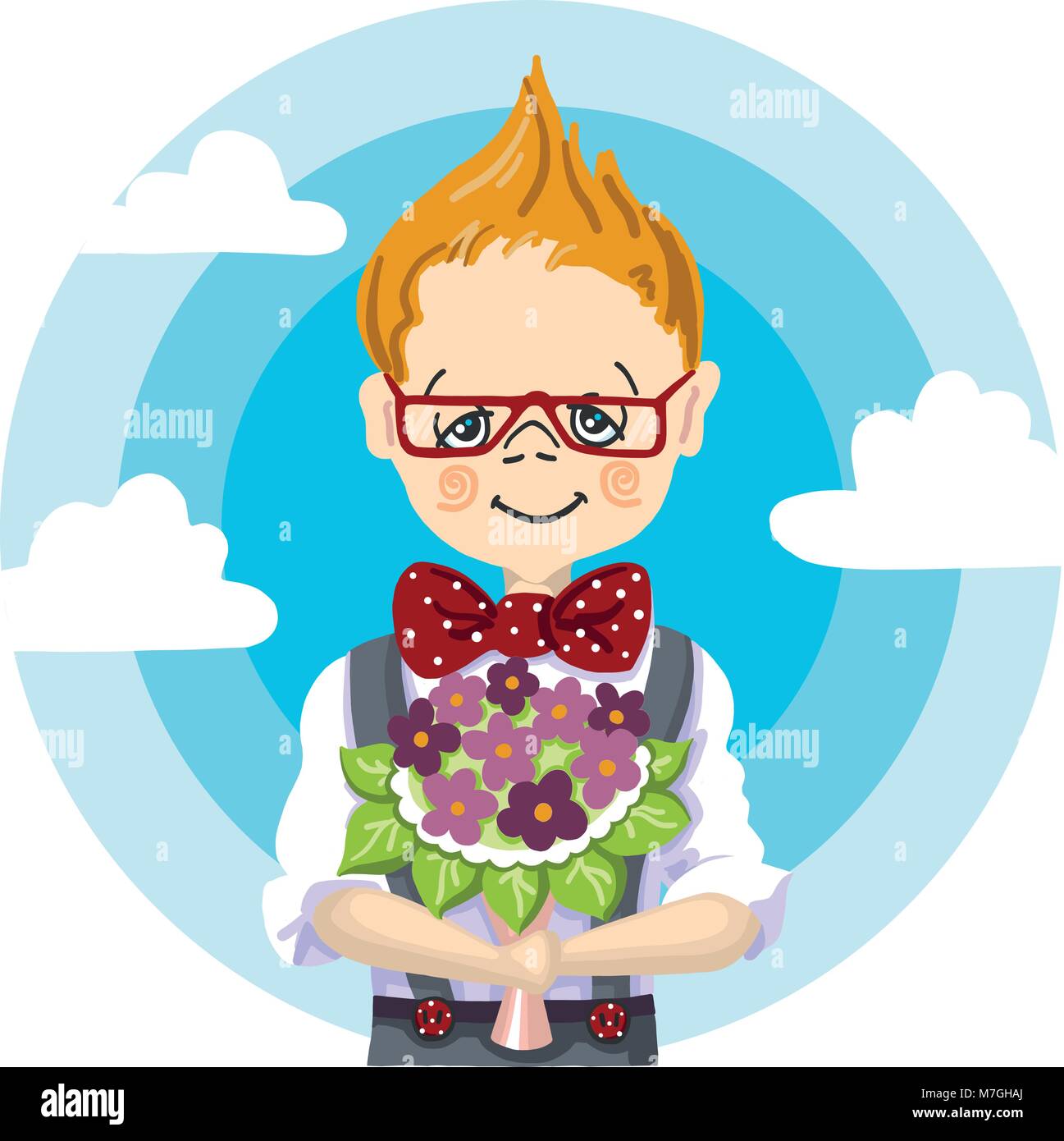 1st school day, september education, color hand paint draw of smile school boy red glasses who take a bouquet flowers to his teacher at school, to mam, to girl, blue sky with white cloud background Stock Vector