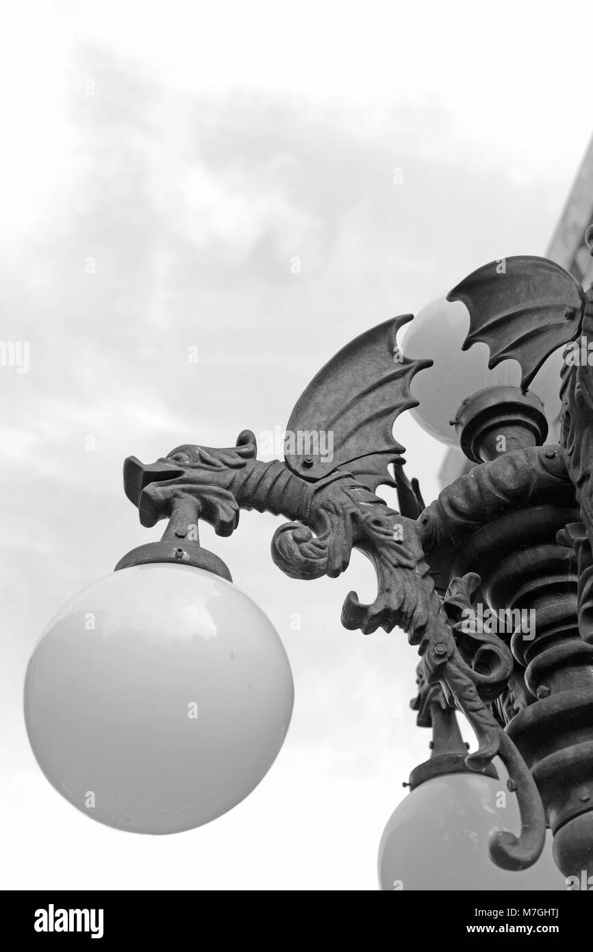 Steel dragon lampost holds globe lights on a public street in Mexico City, Mexico. Stock Photo