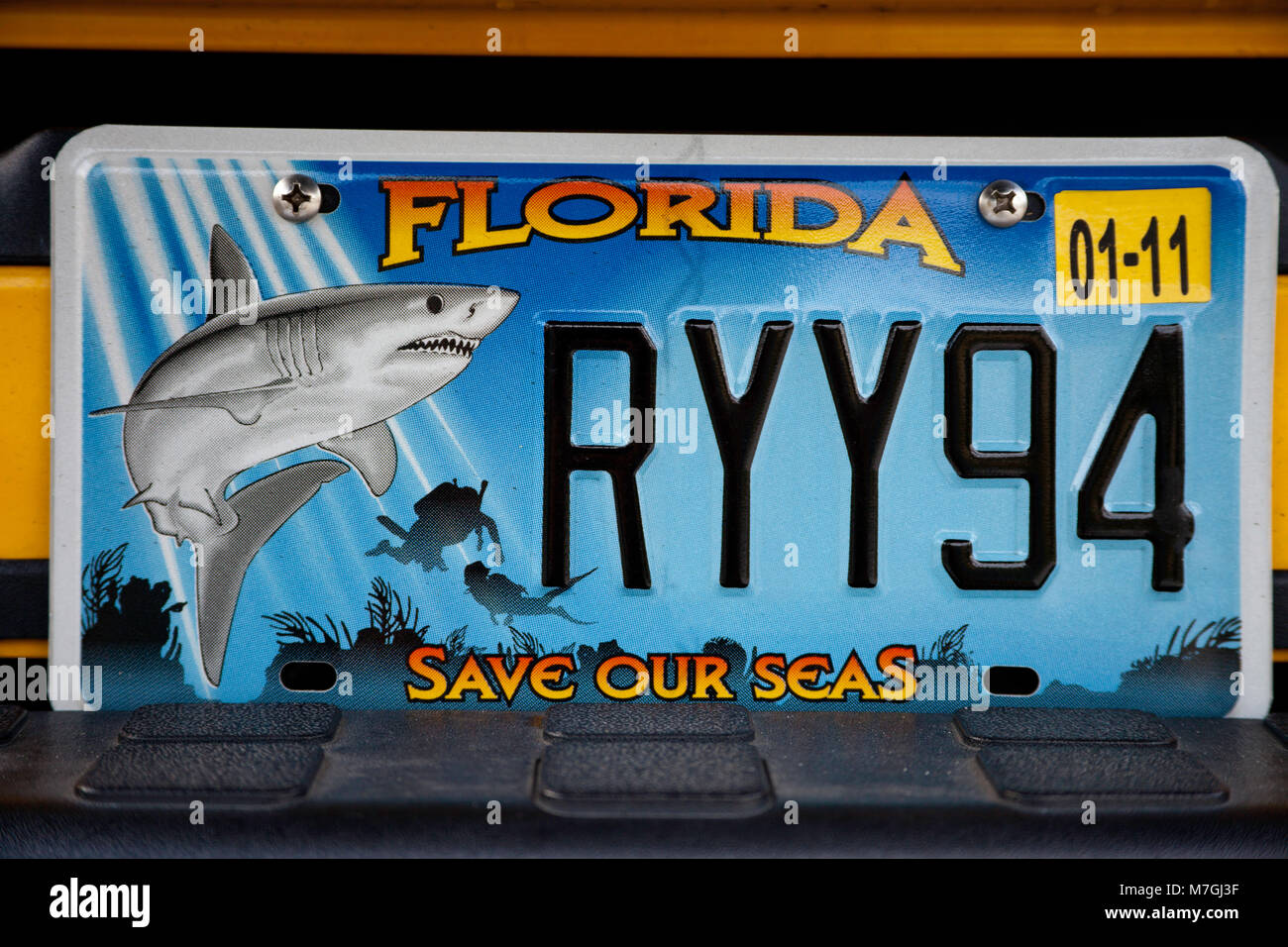 A shark is pictured on a custom State of Florida automobile licence plate, Florida, USA. Stock Photo