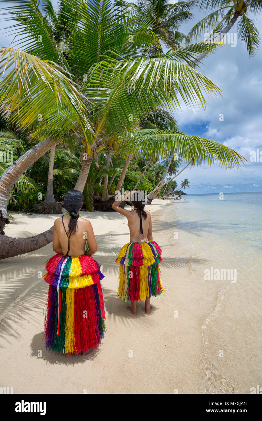 These two young girls (MR) are in traditional outfits for cultural cerimonies on the island of Yap, Micronesia. Stock Photo