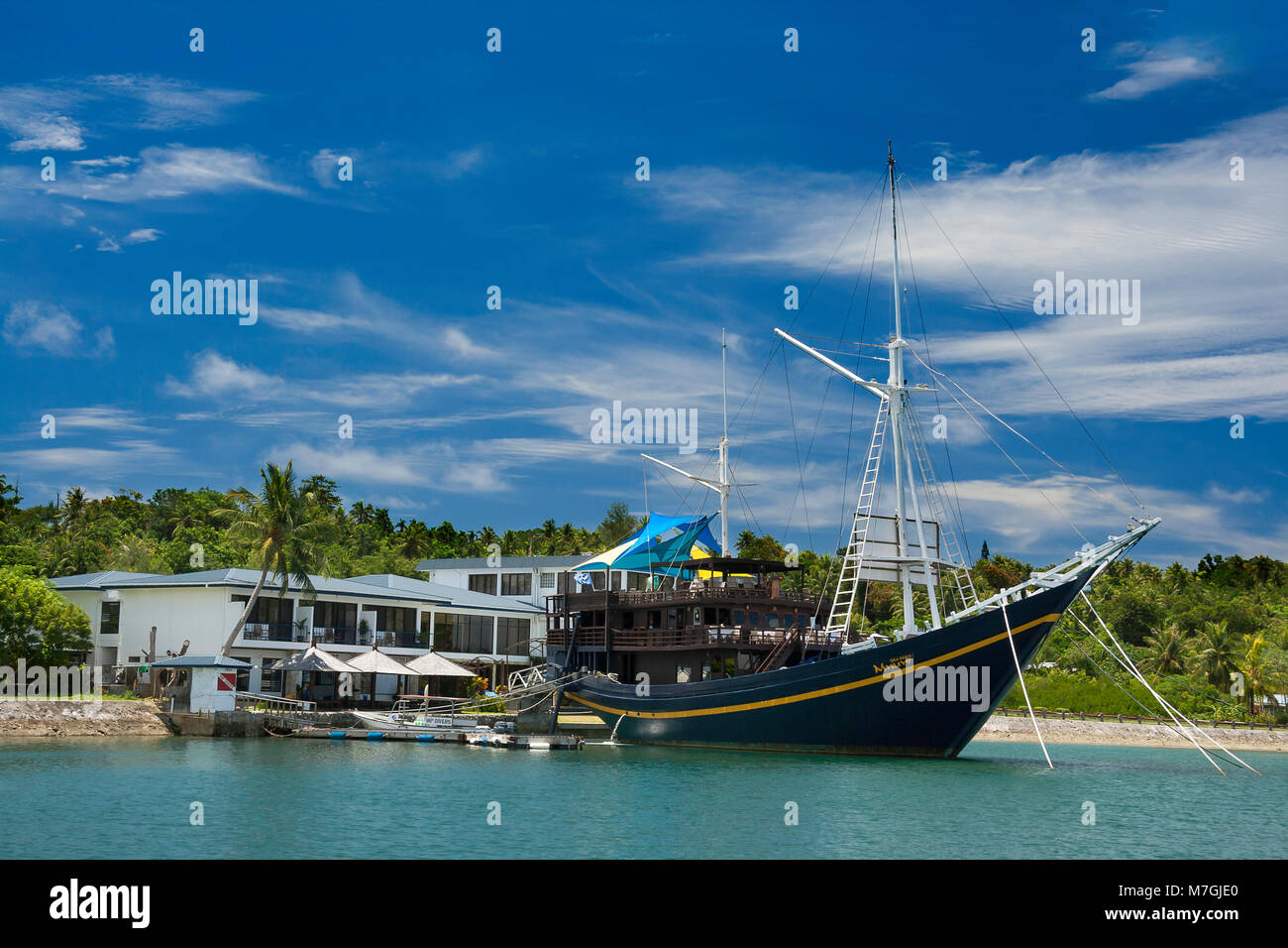A view from the water of the Manta Ray Bay Resort and it's floating restaurant 'The Mnuw' on the island of Yap, Micronesia. Stock Photo