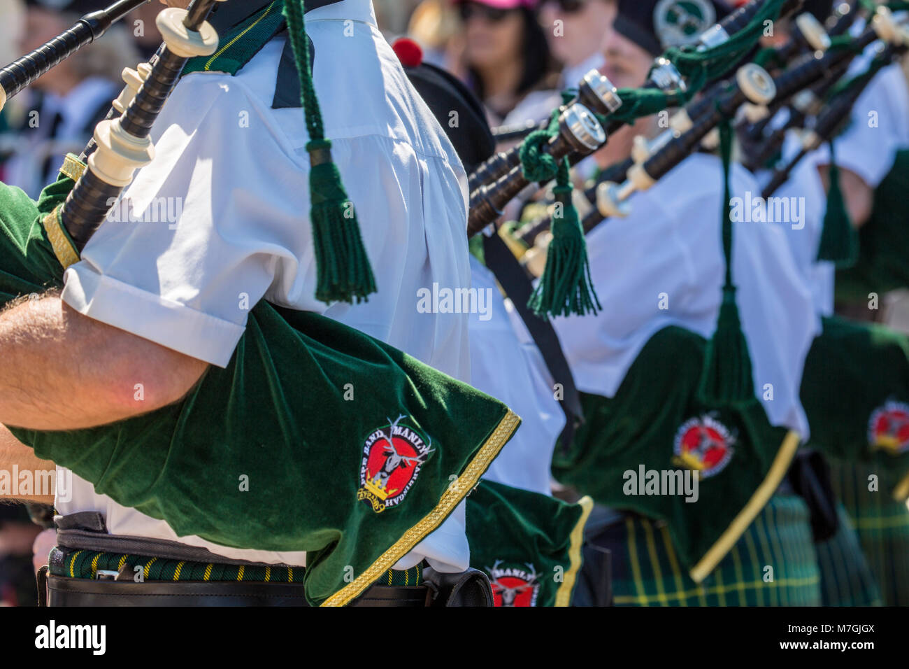 Manly scottish bagpipe band play in the street , Sydney,Australia Stock