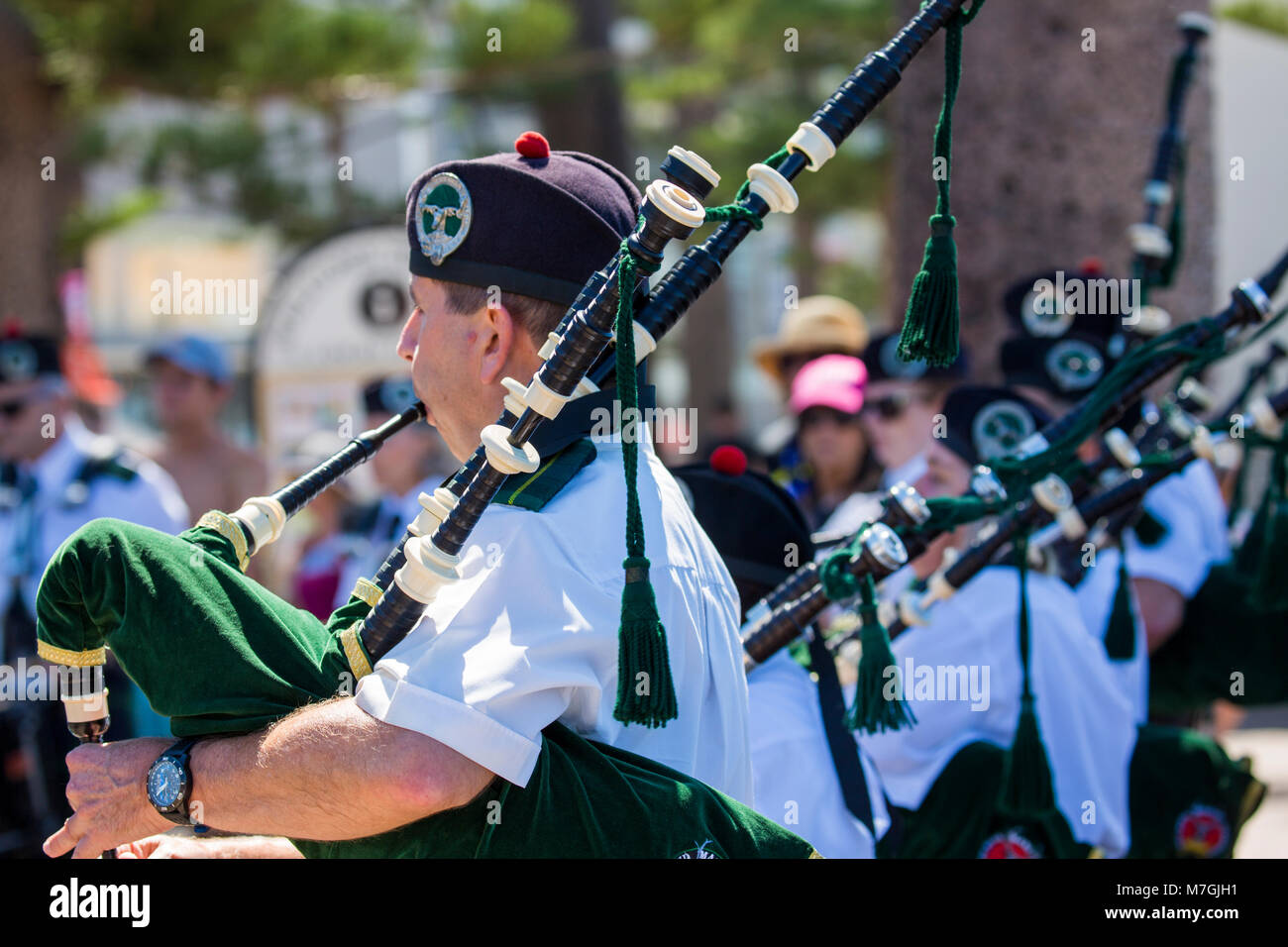 Manly scottish bagpipe band play in the street , Sydney,Australia Stock