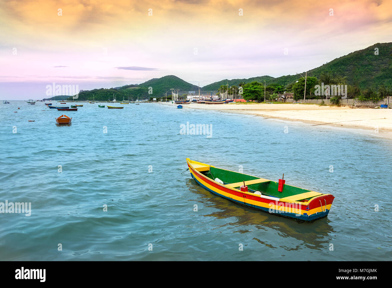 A wooden fishing on the sea at the costline of Porto Belo, Brazil. Stock Photo