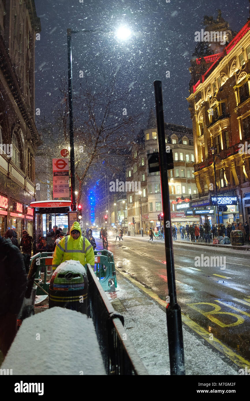 Winter Snowfall in London’s Soho Streets at Night Stock Photo Alamy