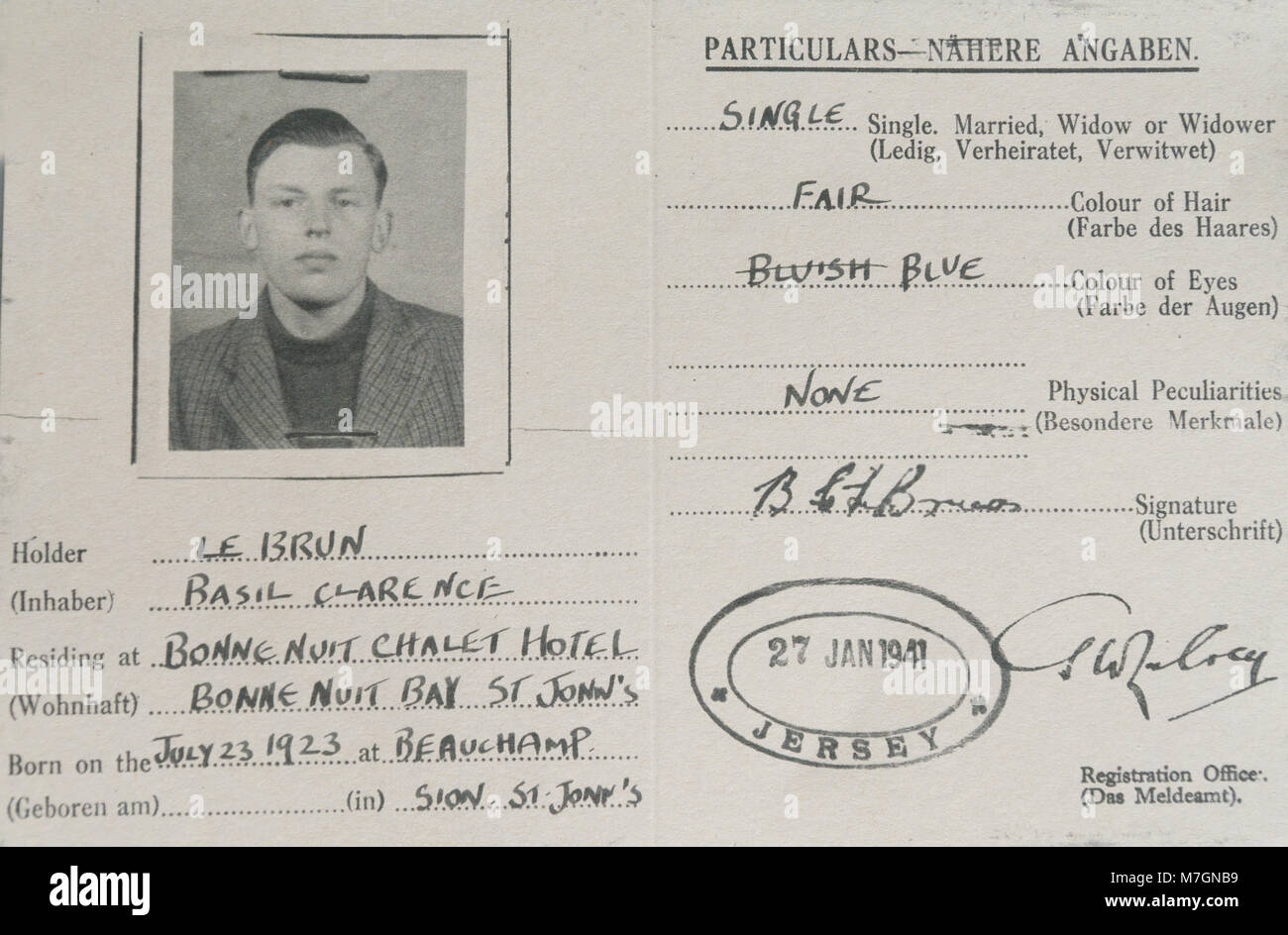 Copy of an idenitity card that all Islanders had to fill in during the German Occupation of Jersey.Pictured is Jerseyman Basil Le Brun who with others Stock Photo