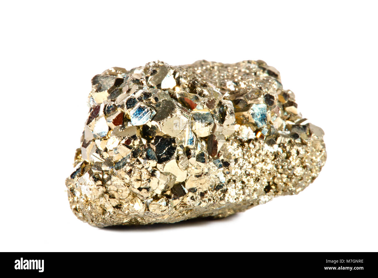 Macro shooting of natural gemstone. The raw mineral is pyrite, China. Isolated object on a white background. Stock Photo