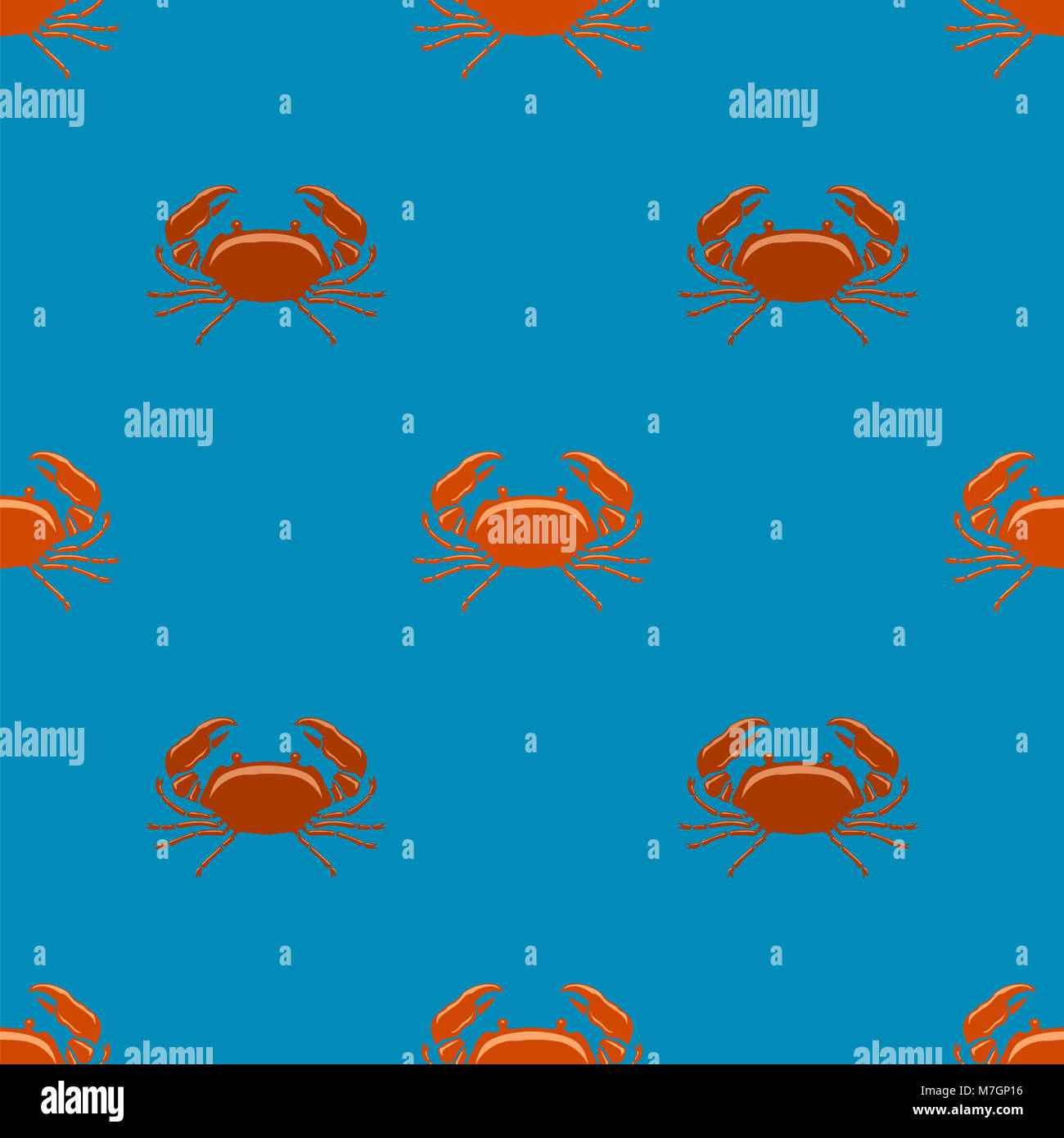 Boiled Red Crab with Giant Claws Seamless Pattern on Blue Background ...
