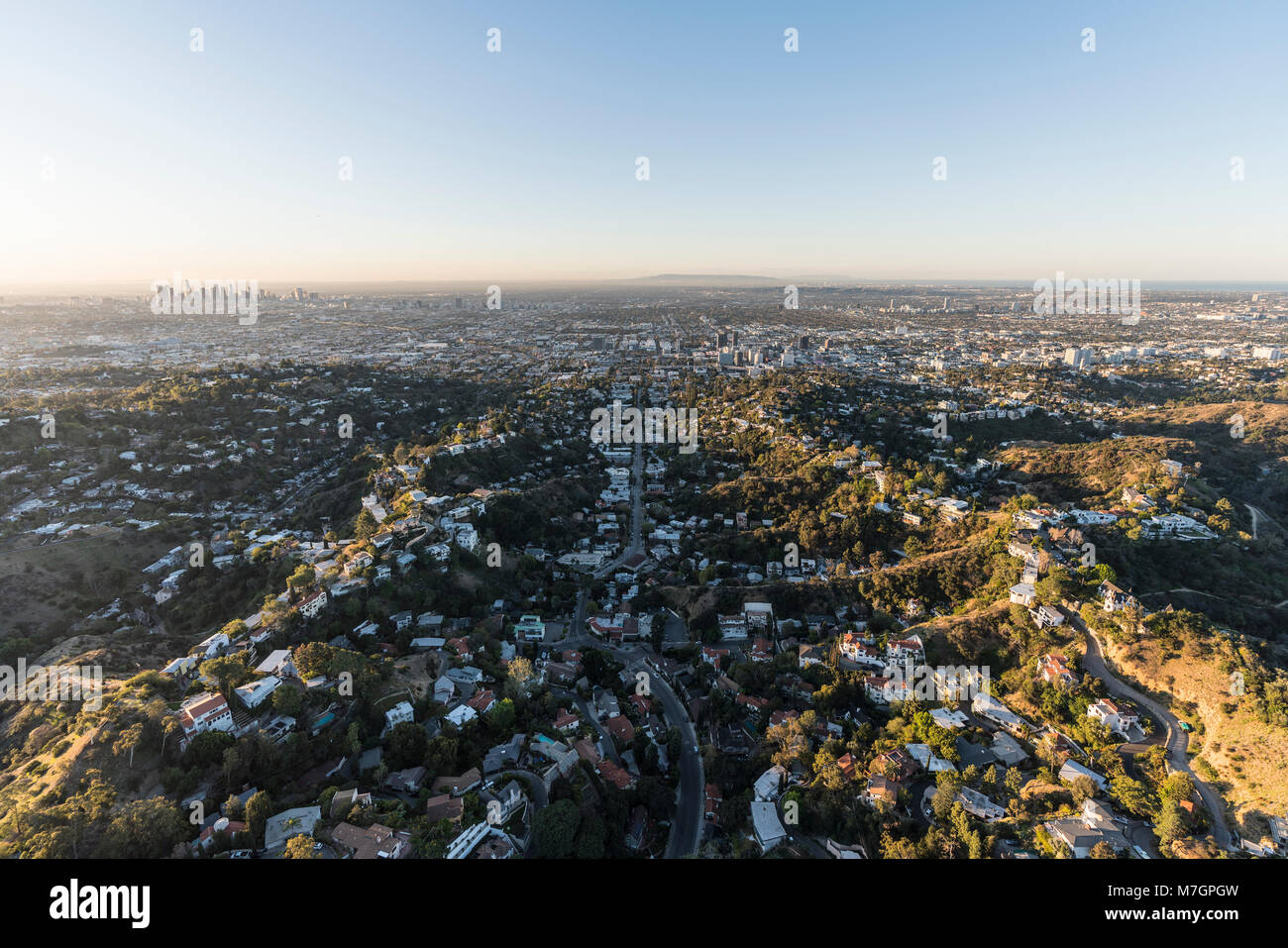 Aerial morning view of hillside homes in the Beachwood Canyon