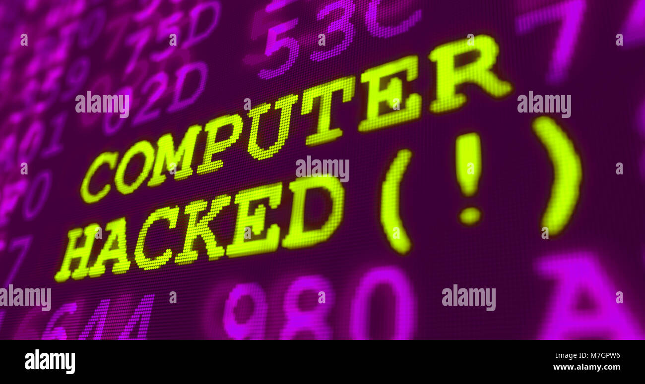 Cyber attack and computer security warnings - computer hacked - green words and numbers on ultraviolet background. Data safety and digital technology  Stock Photo