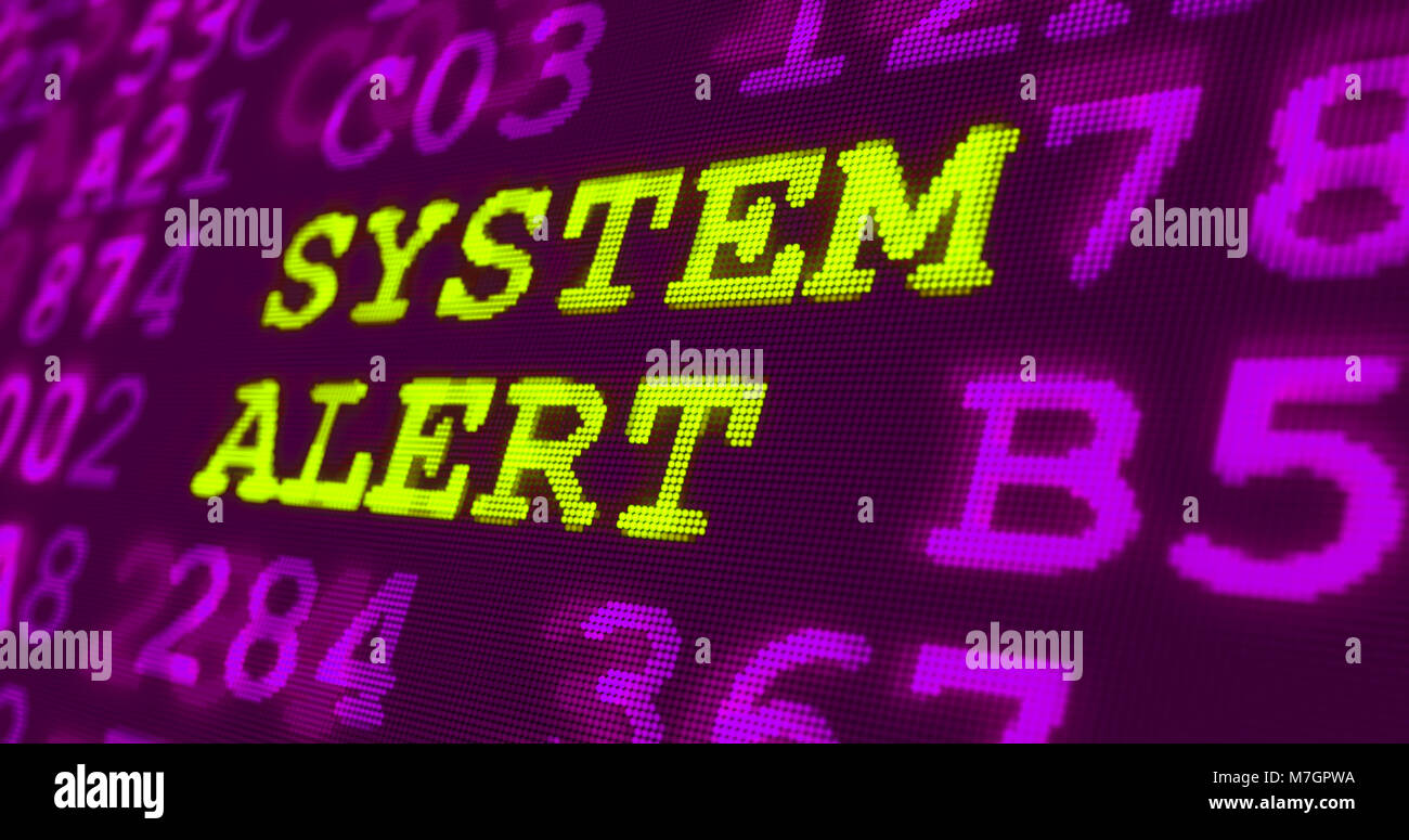 Cyber attack and computer security warnings - system alert - green words and numbers on ultraviolet background. Data safety and digital technology in  Stock Photo