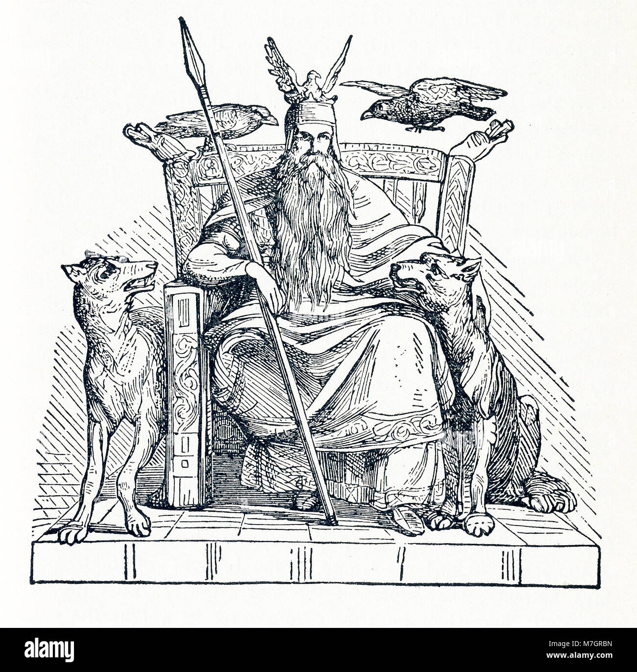 According to Norse mythology, Odin was one of the chief gods and the ruler of Asgard (the country or capital of the Norse gods). Here Odin sits upon his throne. On his shoulder are the two ravens, Hugin (also Huginn - and meaning 'thought') and Munin (also Muninn and meaning 'memory'), associated with him. To his right and left at bottom are the two wolves, Geri and Freki (both meaning 'greedy' or ravenous one'), that were also said to accompany him. Stock Photo