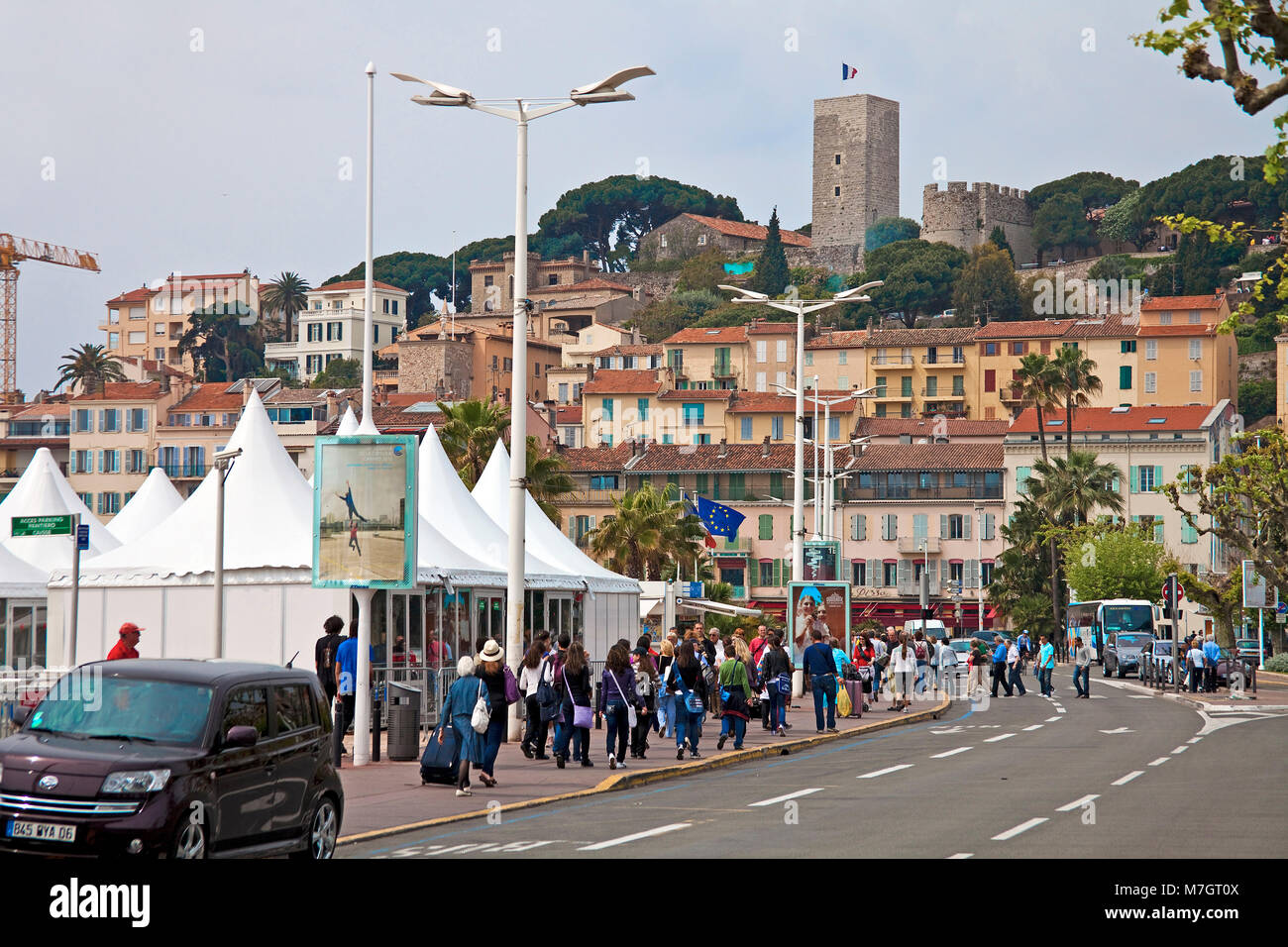 Pavilions at La Croisette close the old harbour, behind old town Le Suquet with Mont Chevalier tower, Cannes, french riviera, South France, France, Eu Stock Photo
