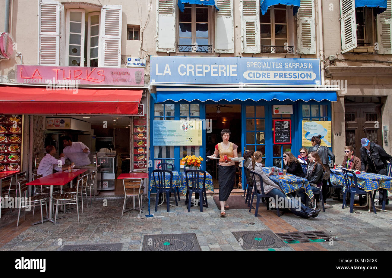Typical Street cafe at old town Le Suquet, Cannes, french riviera, South France, France, Europe Stock Photo