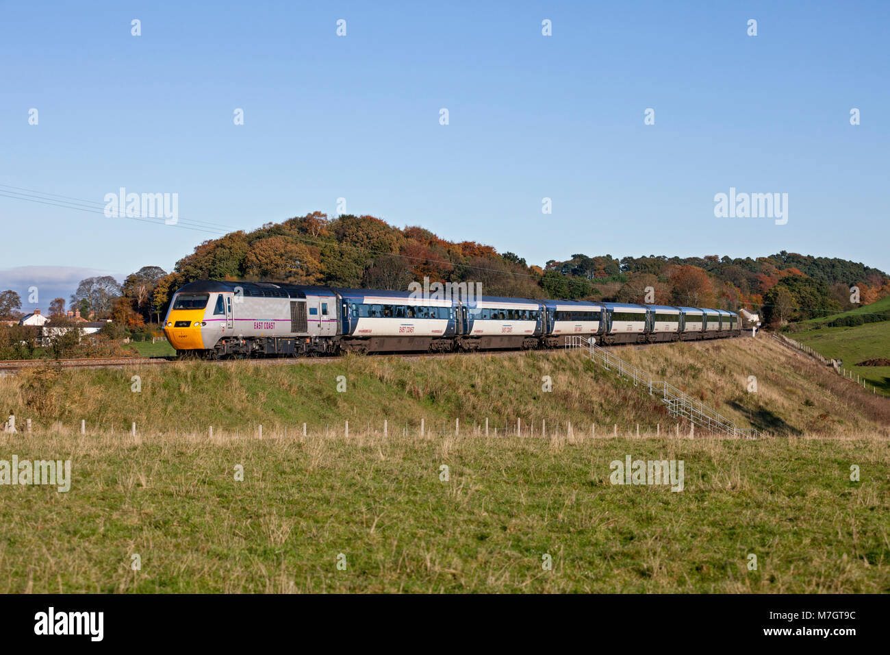 An East coast high speed train  (Intercity 125) runs along the Tyne valley line during the period when the east coast franchise was publicly run. Stock Photo
