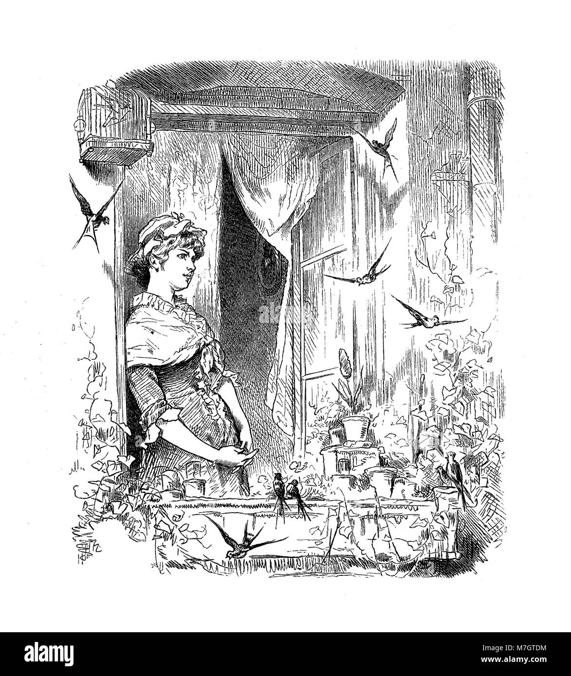 Spring again, lovely girl at the window with a fly of swallows Stock ...