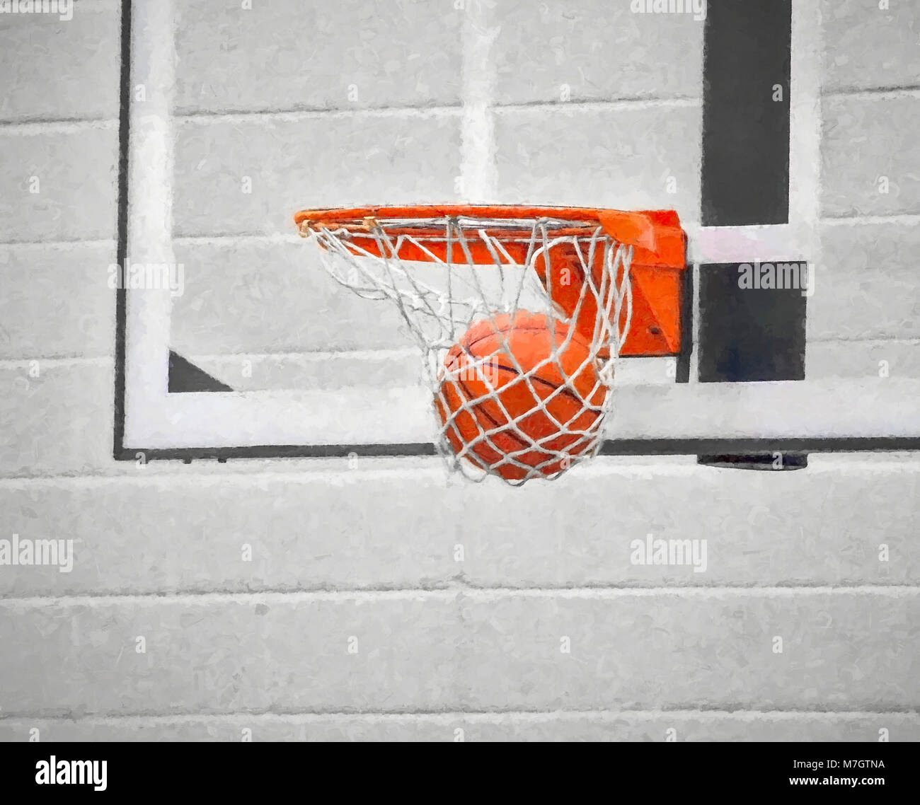 basketball in hoop net with impressionistic effect and selective color