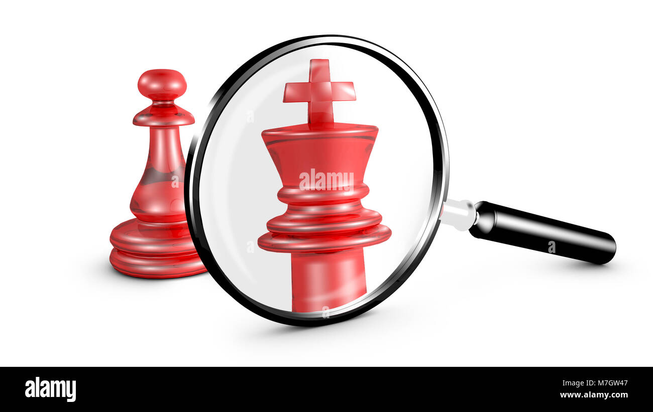 Magnifying glass reveals a pawn like a king. Metaphor on visual