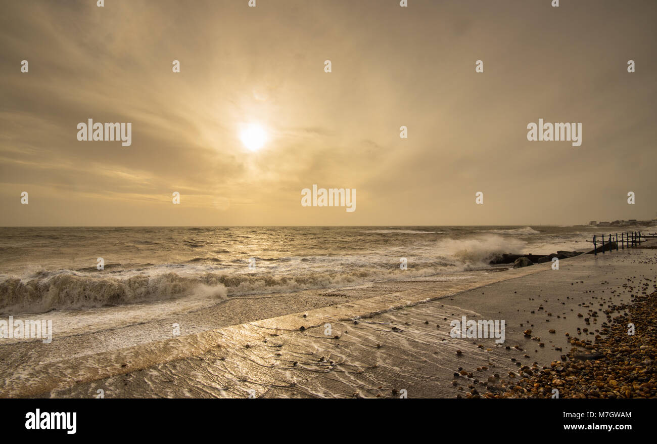 Stormy seas at Felpham promenade seafront near Bognor Regis, West
