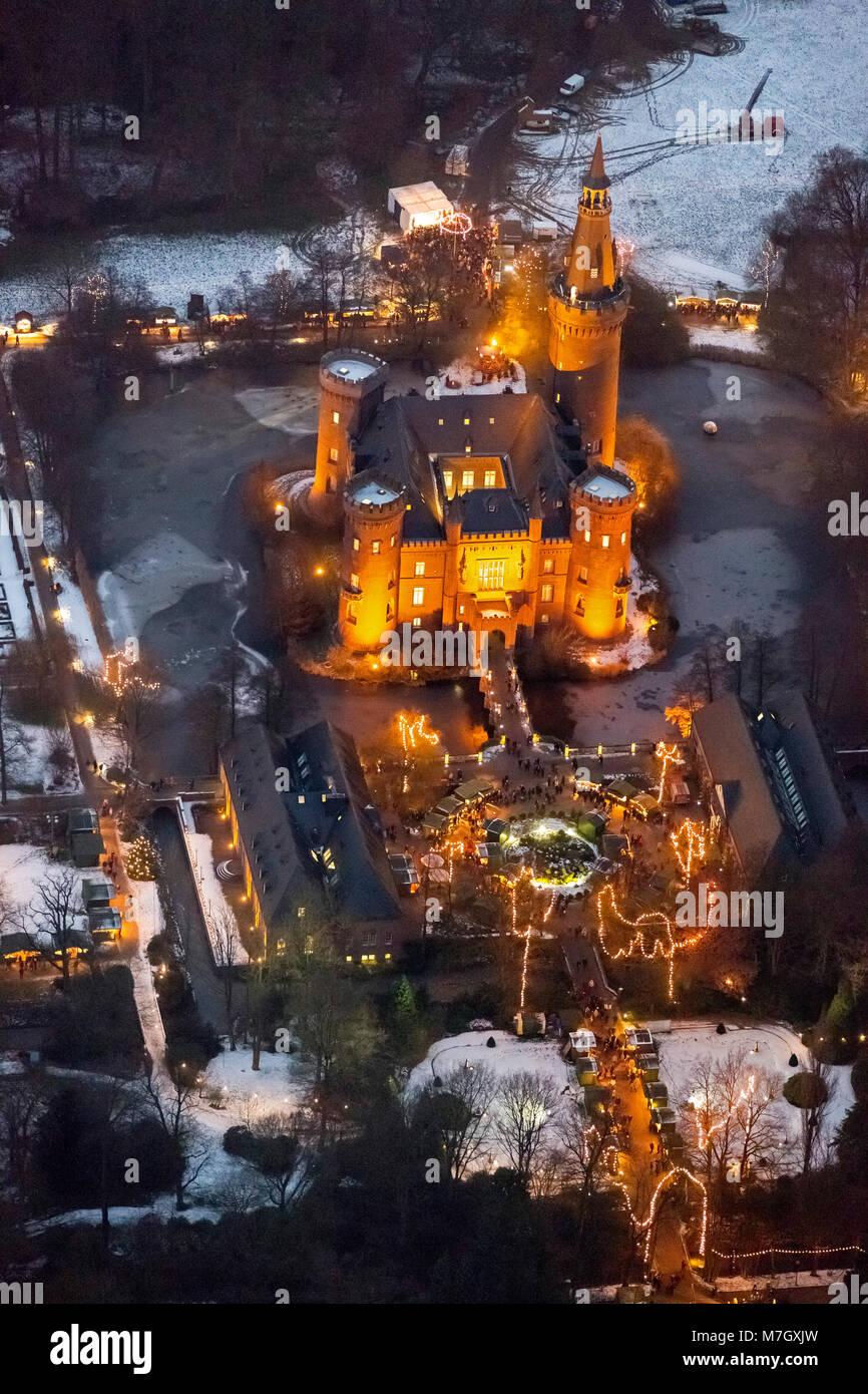 Aerial view, Bedburg-Hau, Lower Rhine, Moyland Castle, Christmas market, night shots, blue hour, Handwerker Christmas market, North Rhine-Westphalia,  Stock Photo