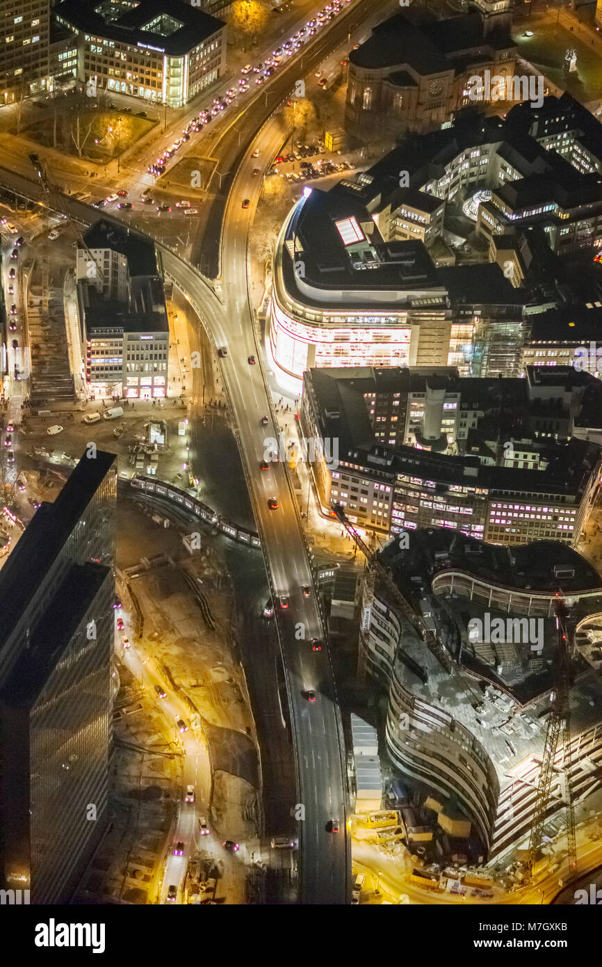 Aerial view, The Koe-Bogen-Baustelle., The thousand-feet-boat and the construction sites for Koe-Bogen and Koe-Bogen-Tunnel., Tausendfuessler, night s Stock Photo