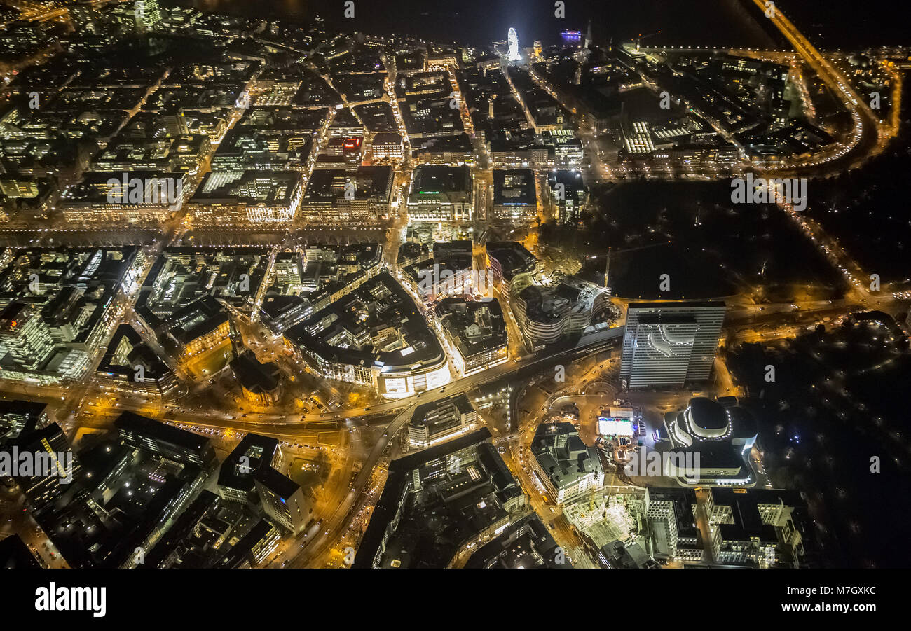 Aerial view, Duesseldorfer downtown between Berliner Allee (bottom left), Koenigsallee (center) and Rhine (above)., Night shot, Duesseldorf, Rhineland Stock Photo