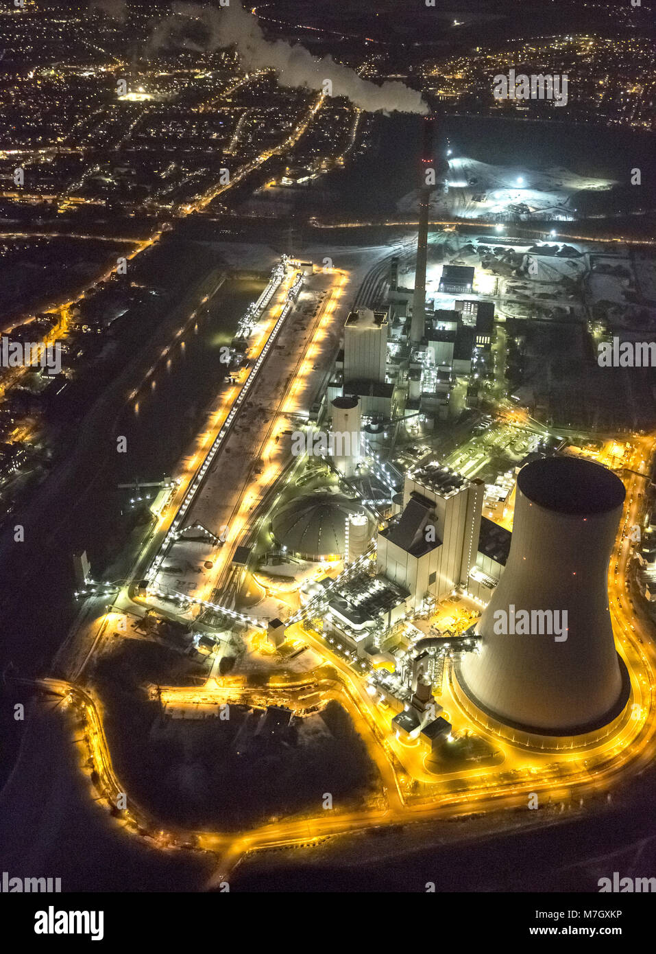 Aerial view, night shot, coal power station Duisburg-Walsum, STEAG, municipal utilities, Rhine, Duisburg, Ruhr area, North Rhine-Westphalia, Germany,  Stock Photo