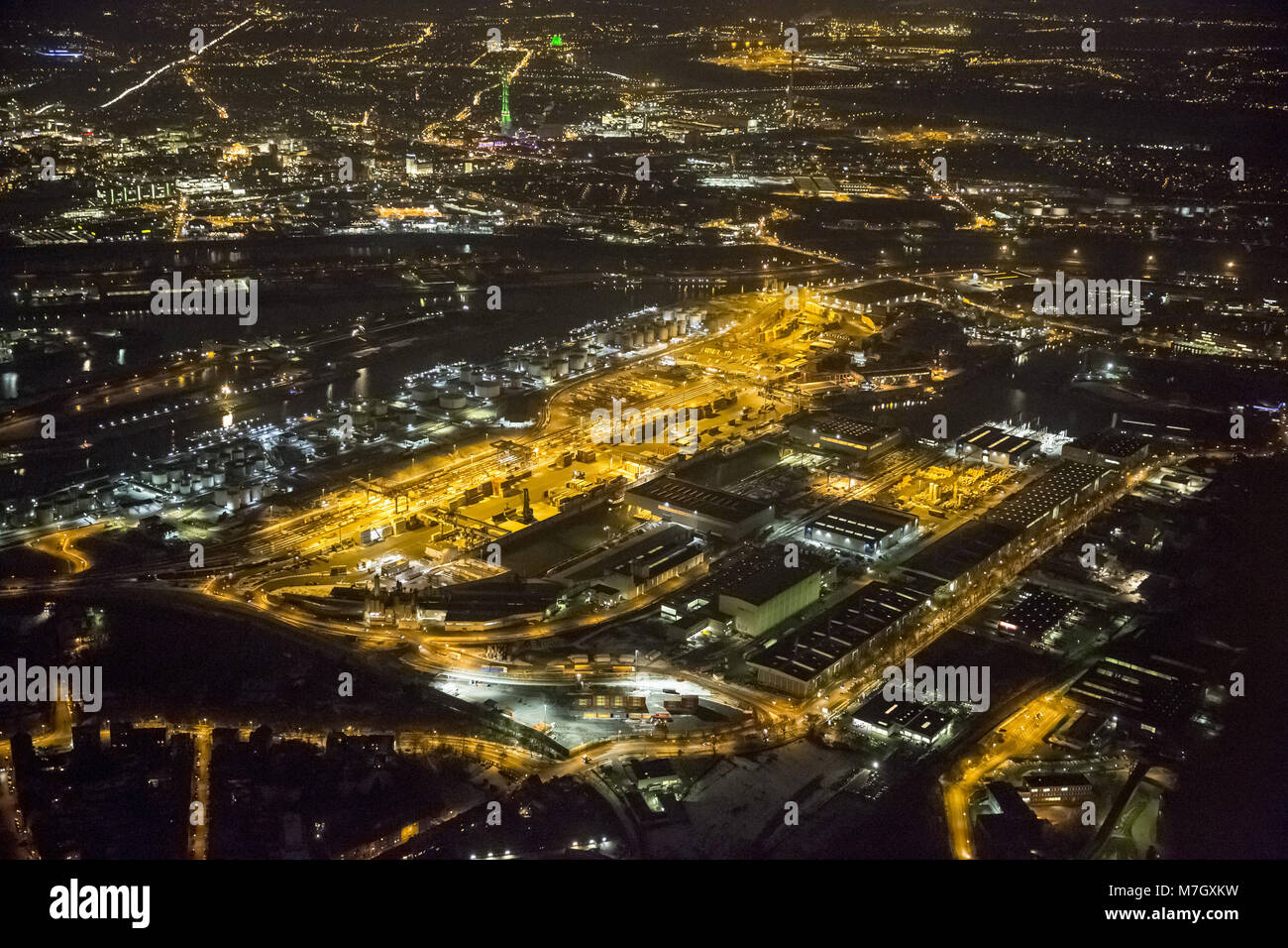 Aerial view, night scene, Ruhr port Duisport at night, dysentery, Port of Duisburg, Duisburg, Ruhr, Nordrhein-Westfalen, Germany, Europe, birds-eyes v Stock Photo