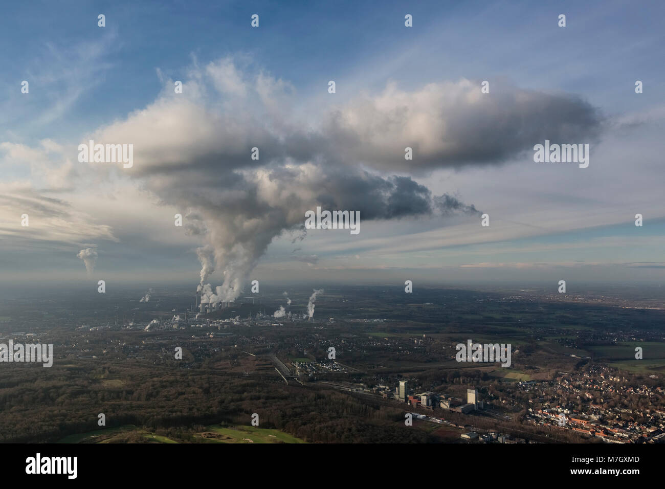 Aerial view, power plant cloud from power plant Scholven about Herten and Westerholt, Herten, Ruhr area, North Rhine-Westphalia, Germany, Europe, bird Stock Photo
