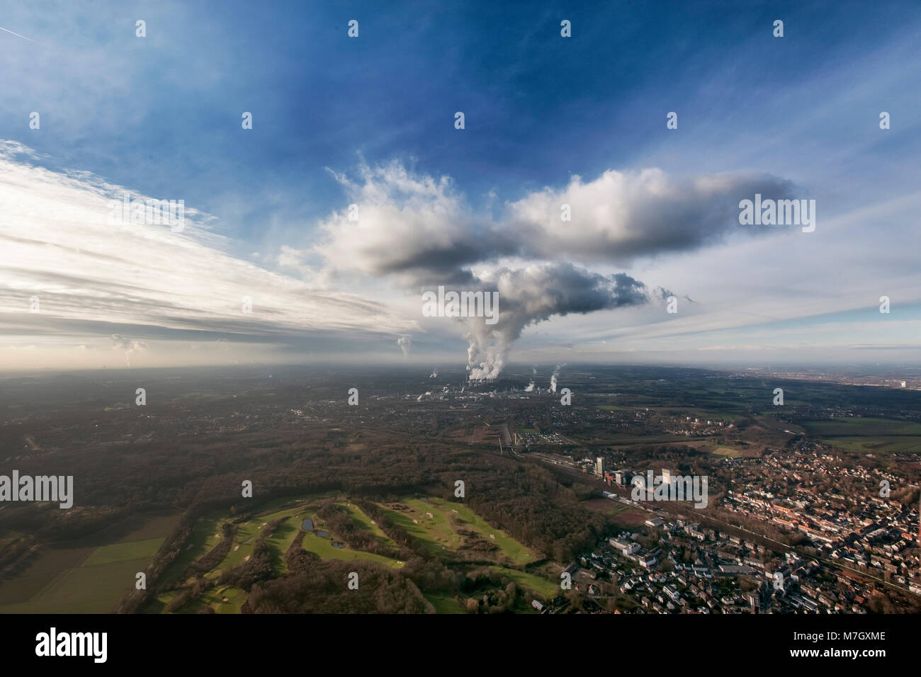 Aerial view, power plant cloud from power plant Scholven about Herten and Westerholt, Herten, Ruhr area, North Rhine-Westphalia, Germany, Europe, bird Stock Photo