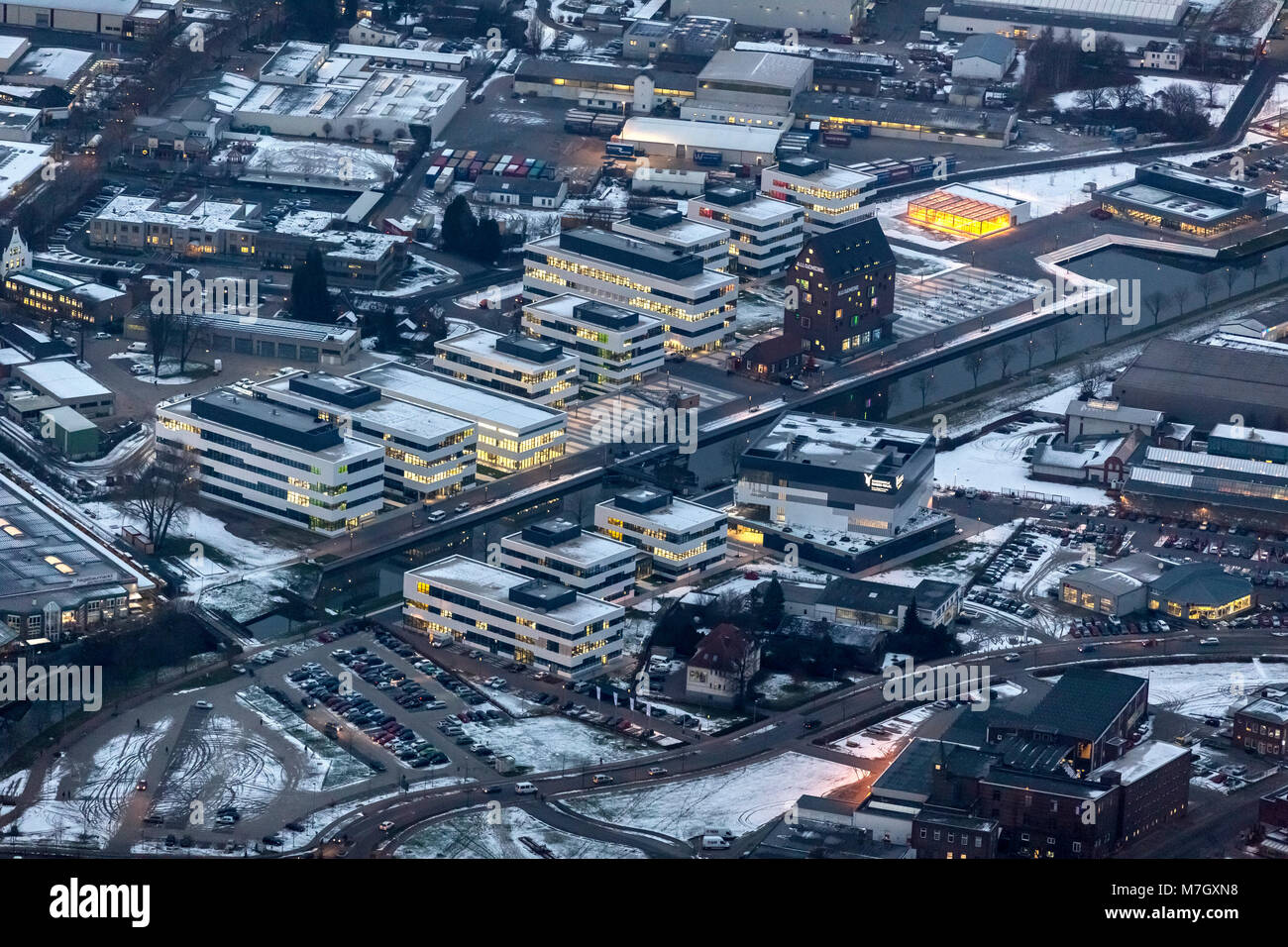 Rhine-Waal, Rhine-Waal University of Applied Sciences, night, night picture, Kleve, Niederrhein, North Rhine-Westphalia, Germany, Europe, aerial view, Stock Photo