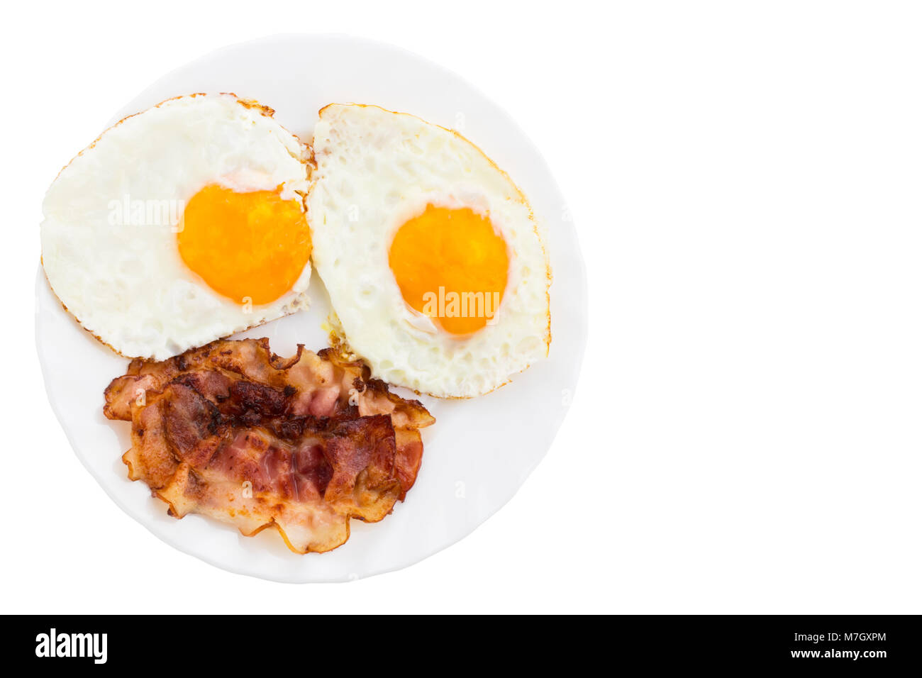 Plate with fried eggs and bacon on white background Stock Photo - Alamy