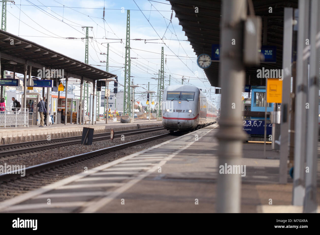 FUERTH / GERMANY - MARCH 11, 2018: ICE 2, intercity-Express train from Deutsche Bahn passes train station fuerth in germany. Stock Photo