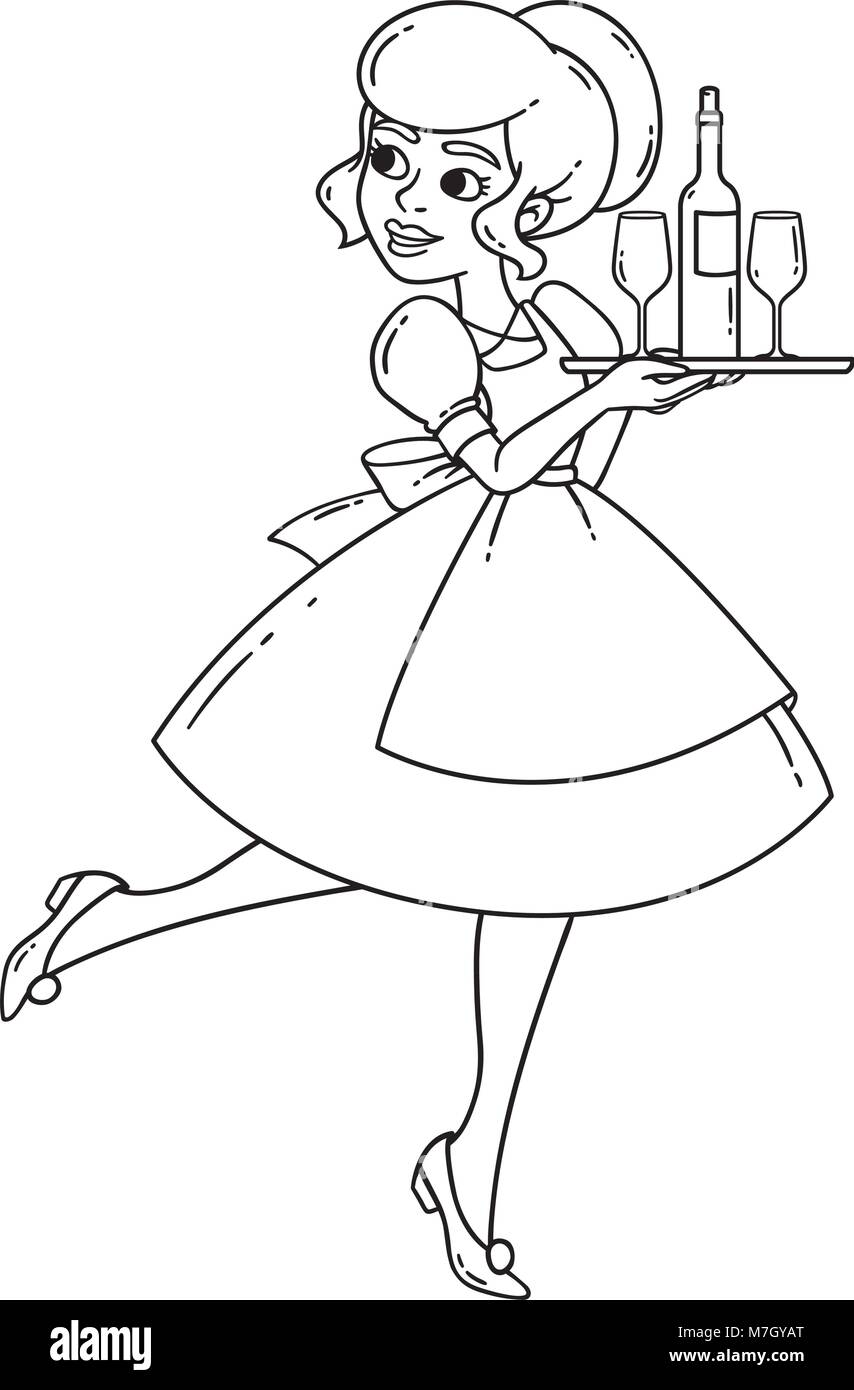 Beautiful waitress with tray, wine glass and bottle of wine. Vector isolated illustration on white background. Coloring page. Outline illistration. Stock Vector
