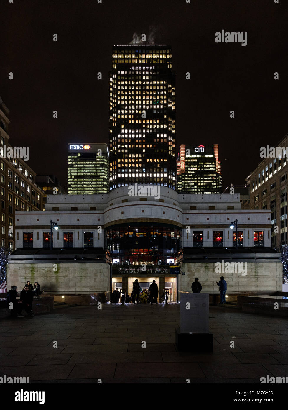 Cabot Place at night during the Winter Lights Festival at Canary Wharf in London UK 2018 Stock Photo