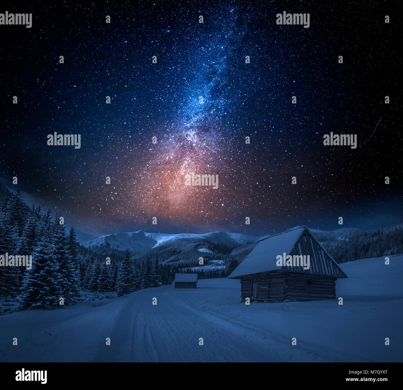 Milky way and snowy footpath at night in Tatra Mountains Stock Photo ...