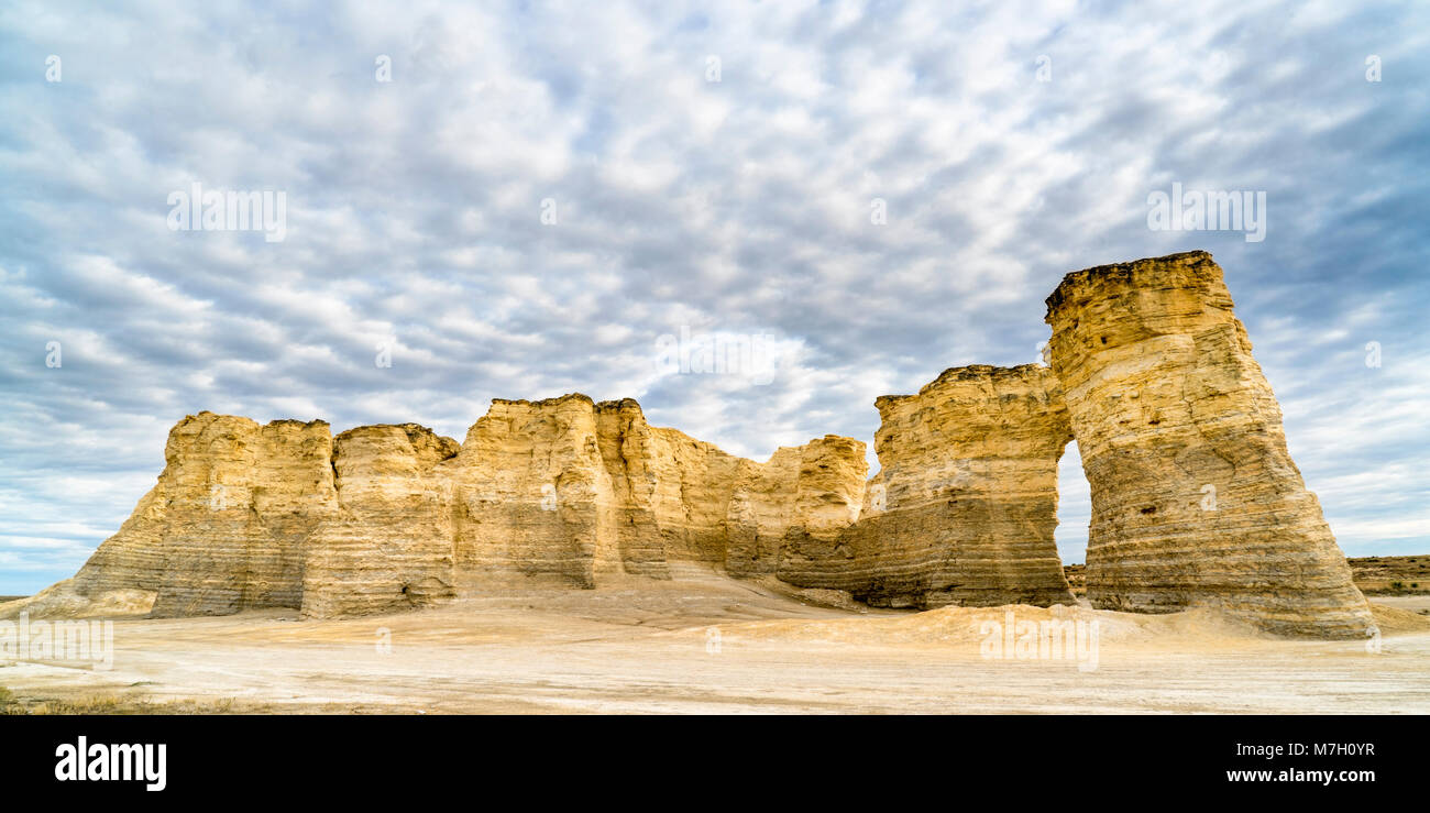 panorama of Monument Rocks (Chalk Pyramids) in western Kansas Stock
